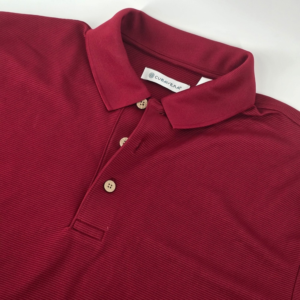 Cubavera Polo Shirt Mens Medium Burgundy Red Ribbed Short Sleeve Wood Buttons